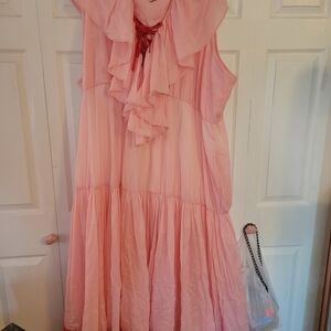 Sleeveless Pink Ruffle Maxi Dress with Tie Neck